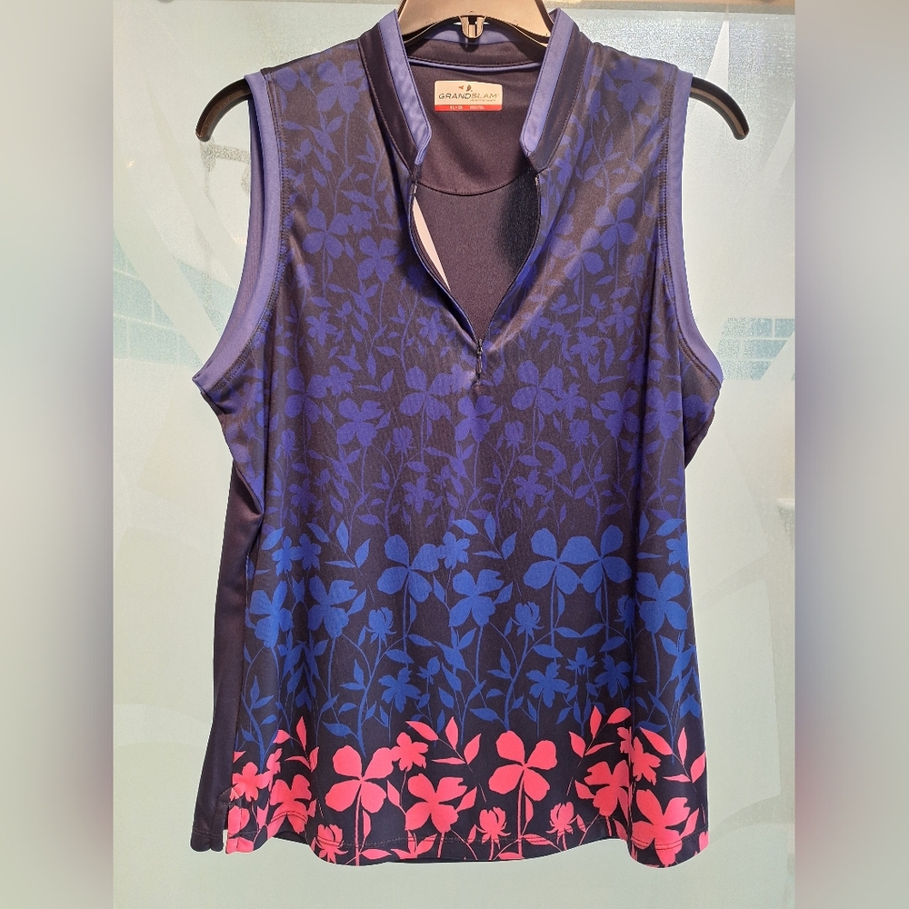 Grand Slam Floral Sleeveless Zip Polo in Navy, Blue & Pink